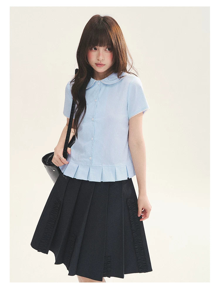 "Citrus Sea Salt" Stripe Lace Peter Pan Collar Pleated Shirt (White Blue / Blue White)
