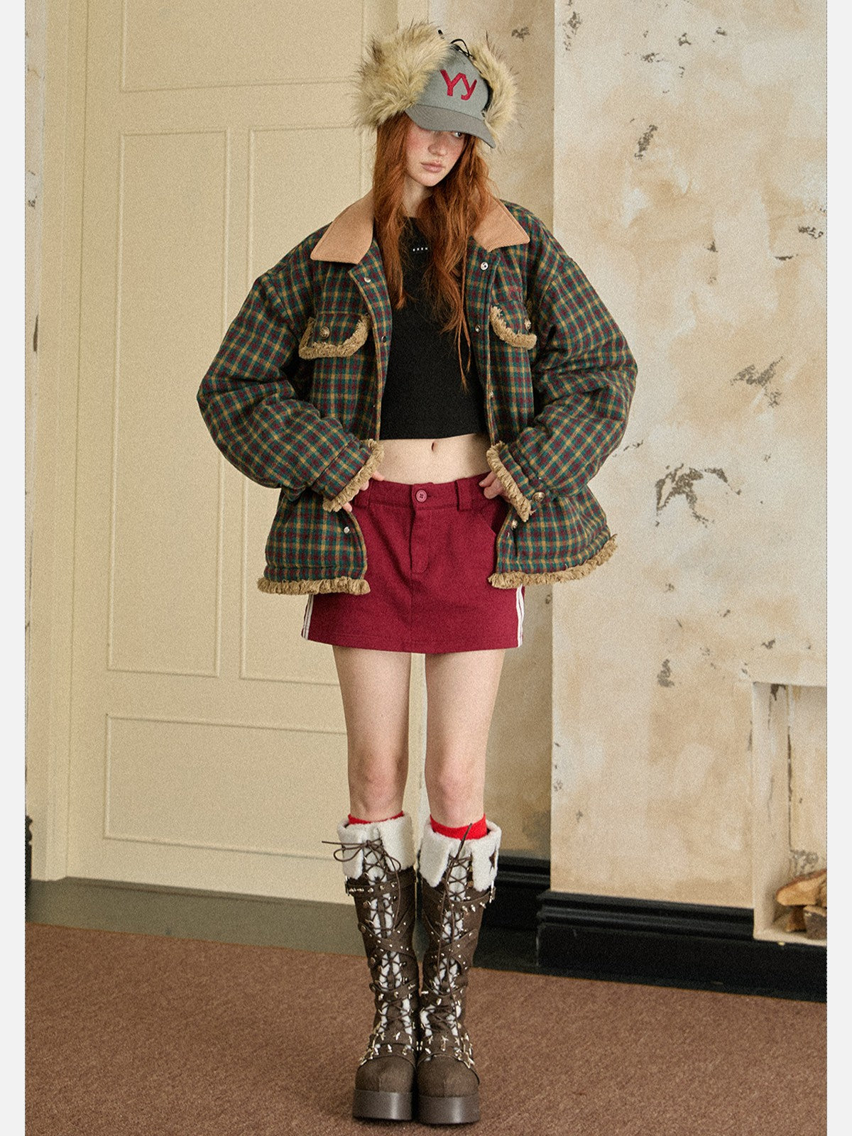 EZEK - Vintage Plaid Varsity Jacket with Contrast Collar