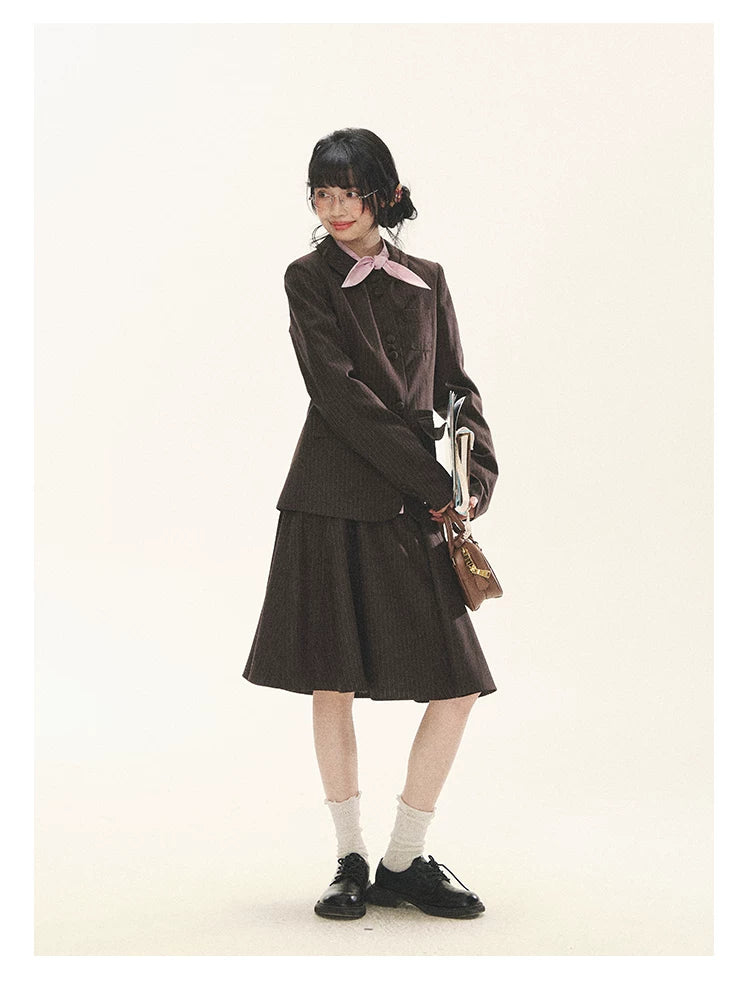 "Academy Memoir" Chocolate Brown Stripe Blazer & Pleated Skirt Set