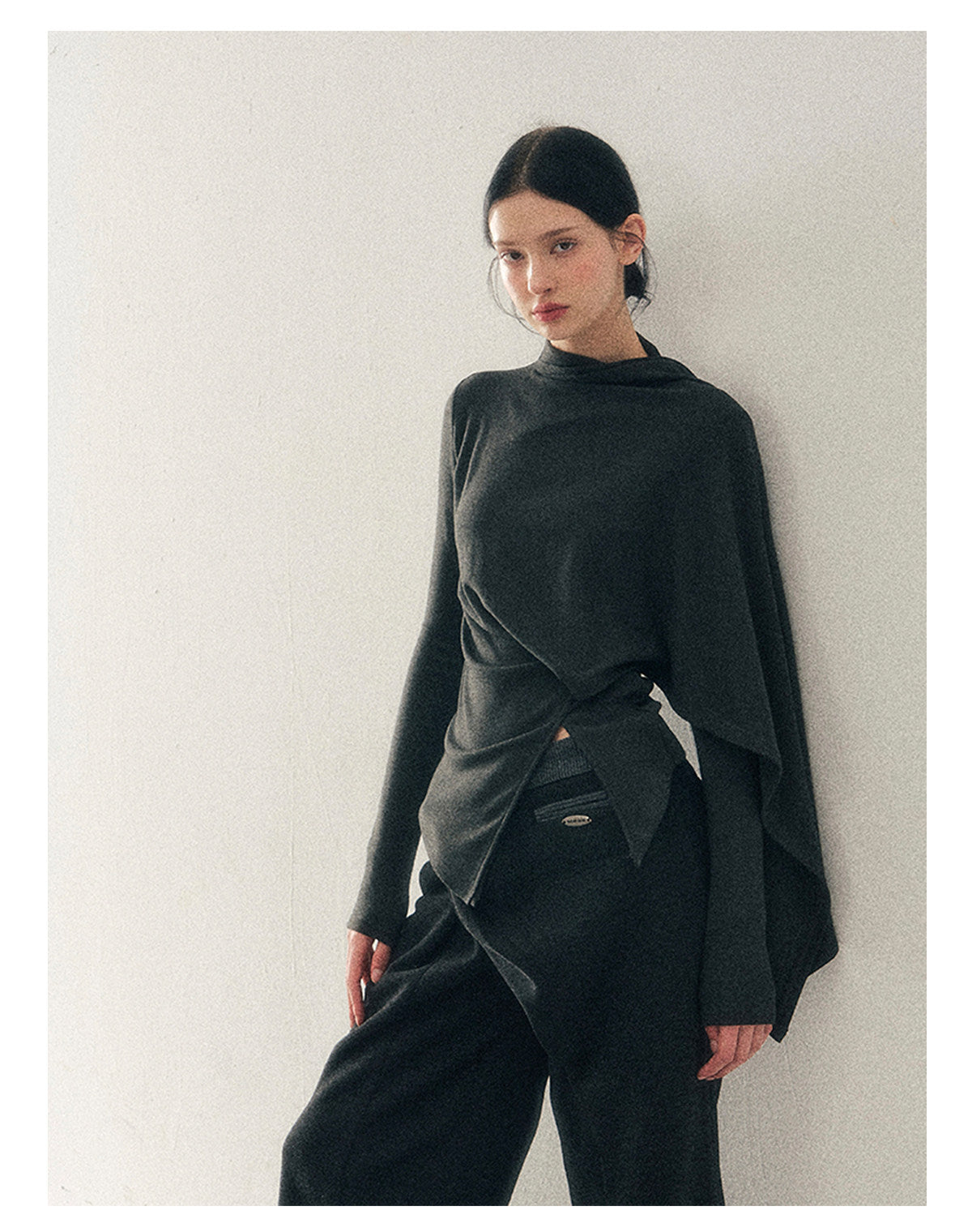 少也眼 "She Outshines the Fireworks" Charcoal Asymmetrical Wrap Top