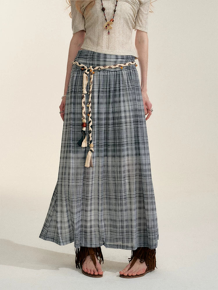Gray Contrast Plaid A-Line Maxi Skirt