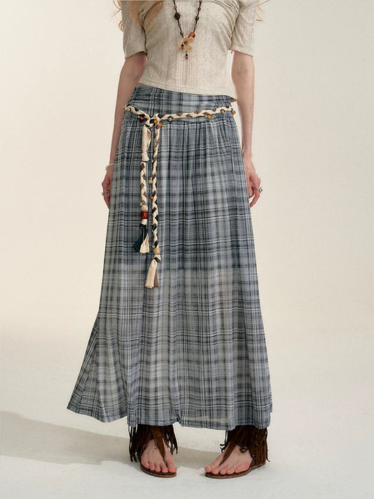 Gray Contrast Plaid A-Line Maxi Skirt