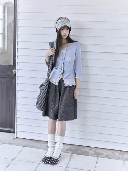 "Starry Miu" Layered Knit Collection (Dusty Blue Cardigan / Polka Dot Skirt)