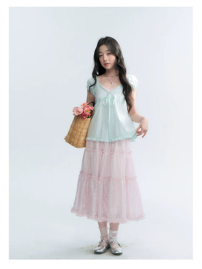 "Bubble Dream" Pink Lavender Polka Dot Tiered Midi Skirt