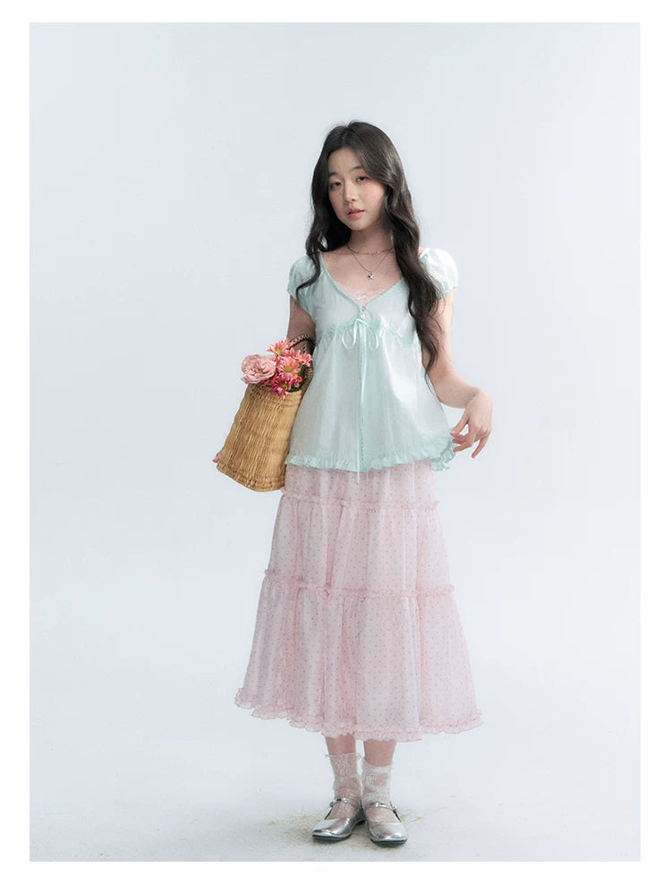 "Mint Morning Glow" Mint Green Lace Tie-Front Cardigan Blouse