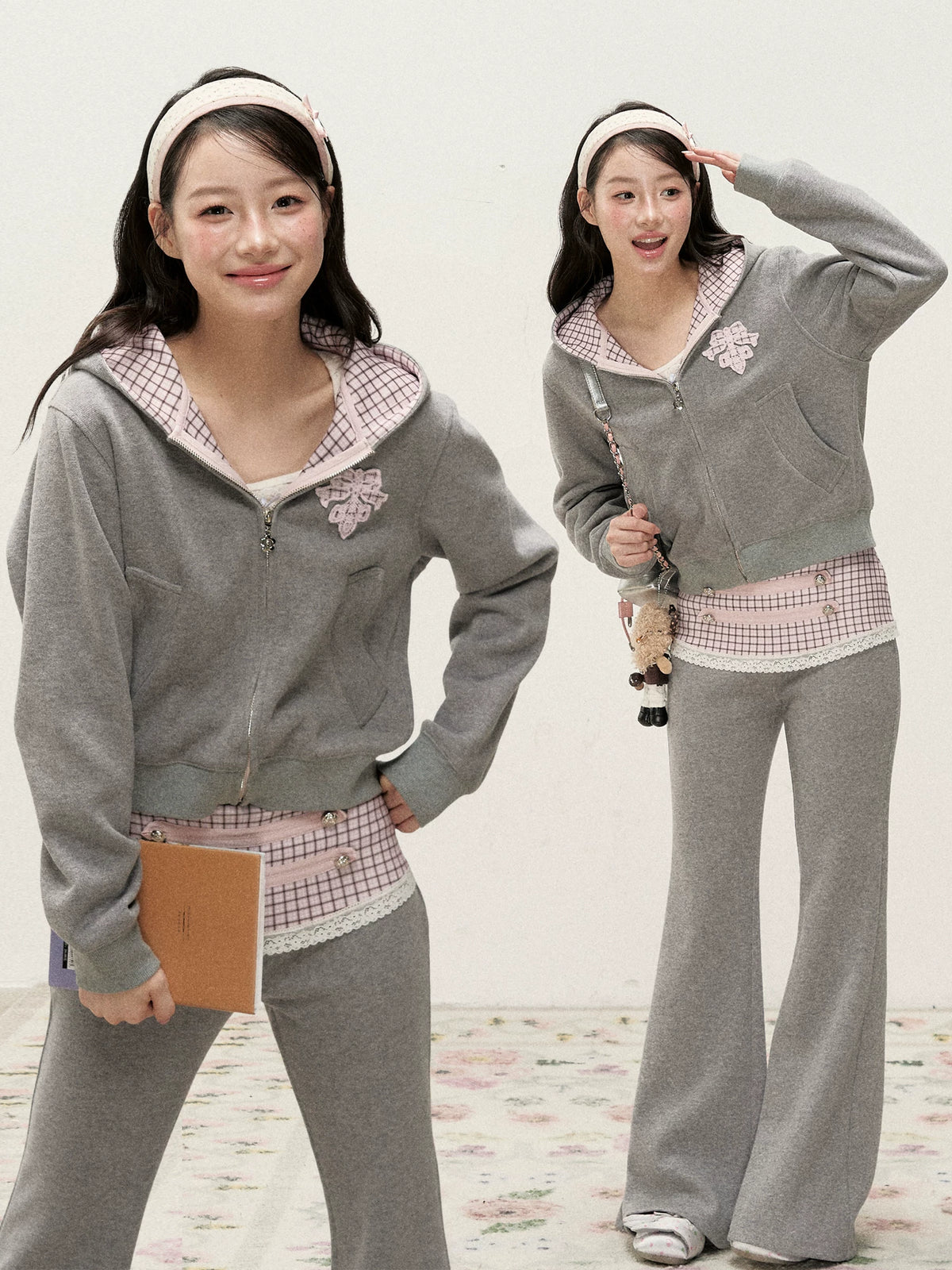 [RF] Soft Gingham Color-Block Hoodie and Flare Pants Set (Blue / Mauve)