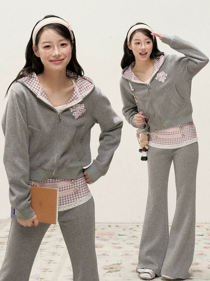 [RF] Soft Gingham Color-Block Hoodie and Flare Pants Set (Blue / Mauve)