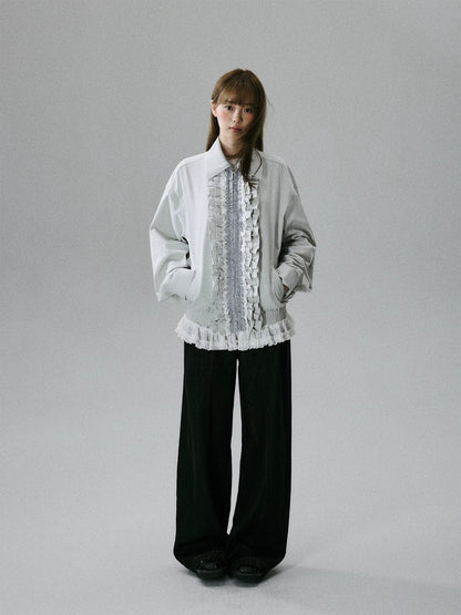 LOST FOREST - Silver Gray Ruffle-Trim Cotton Jacket