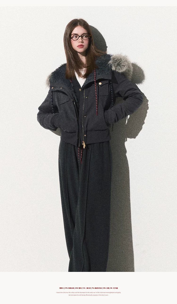 OAKMOO/ "Energy & Freedom" Mocha Gray Fur-Collar Cropped Hoodie Jacket