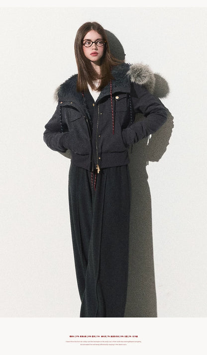 OAKMOO/ "Energy & Freedom" Mocha Gray Fur-Collar Cropped Hoodie Jacket