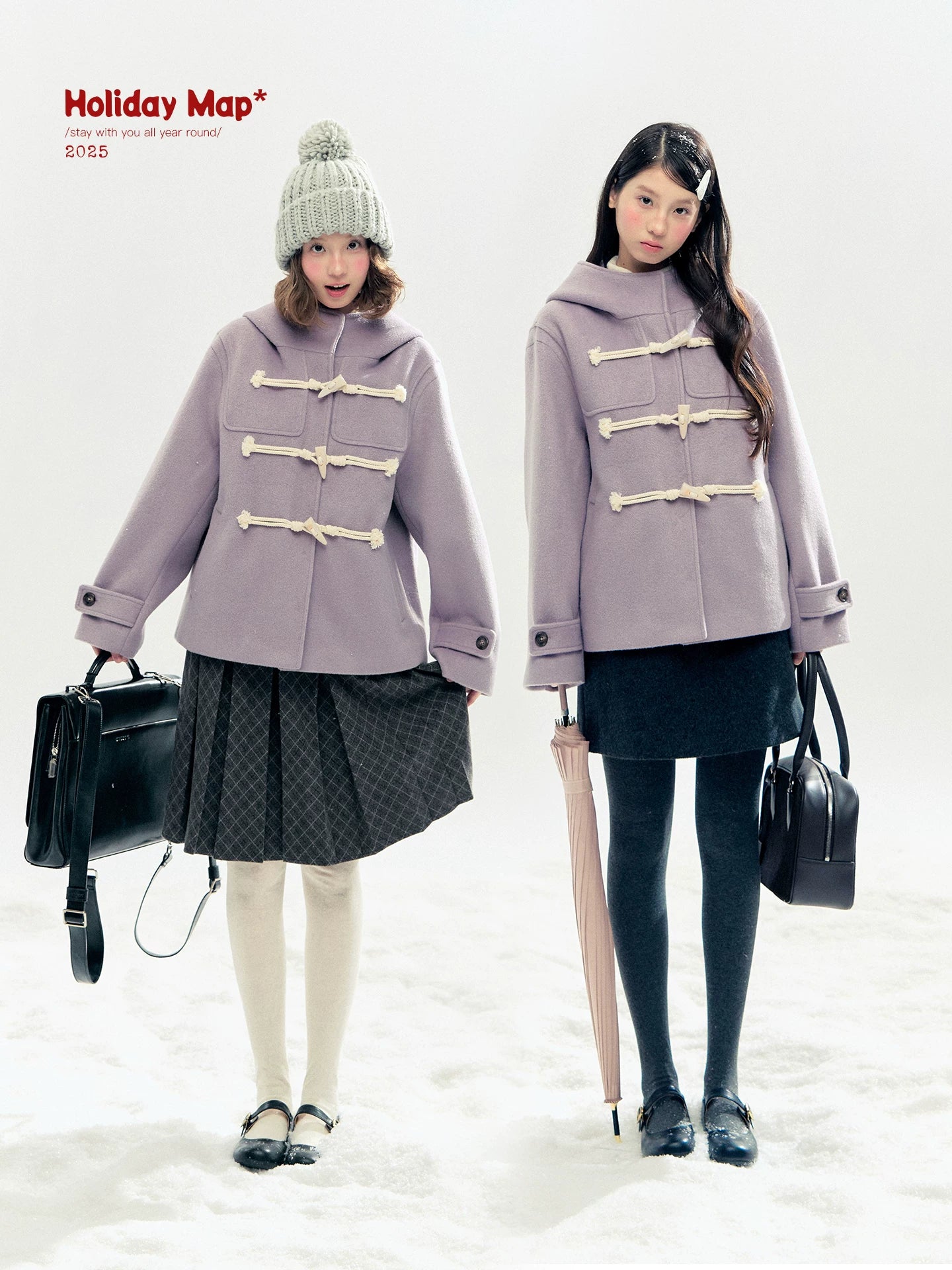 "Velvet Snowfall" Purple Mist Hooded Quilted Wool-Touch Duffle Coat