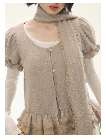 "Soft Fufu" Blush Pink Lace Puff Sleeve Knit Cardigan