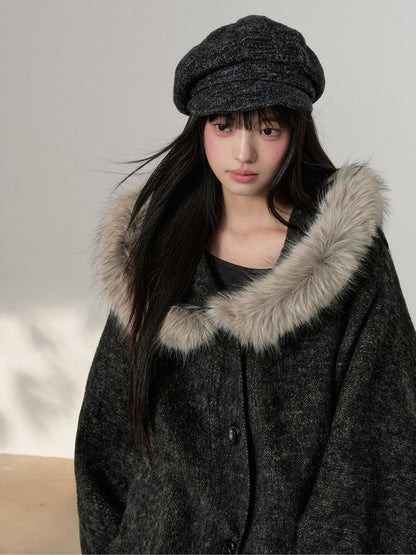 Soote Season - Dark Gray Wool Batwing Cape Coat with Faux-Fur Collar