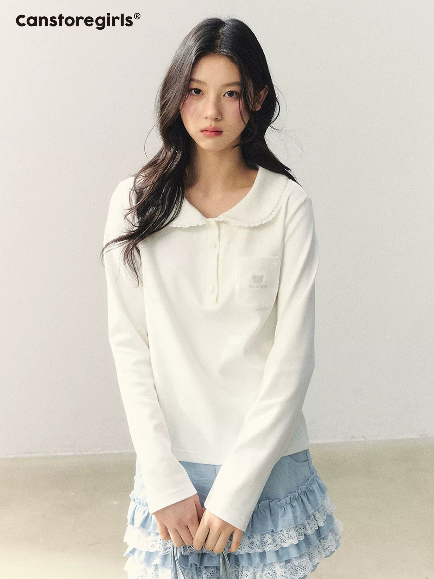 "Lace Bear Diary" Lace Collar Embroidered Knit Polo Top WW2026025