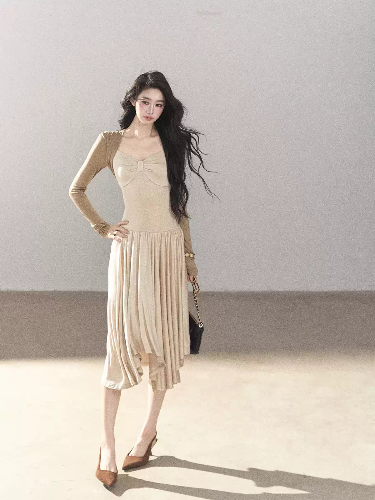 AOMALM - Light Sand Faux Two-Piece Midi Dress with Draped Shawl