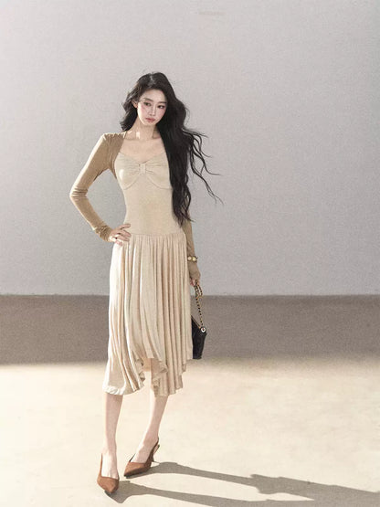 AOMALM - Light Sand Faux Two-Piece Midi Dress with Draped Shawl