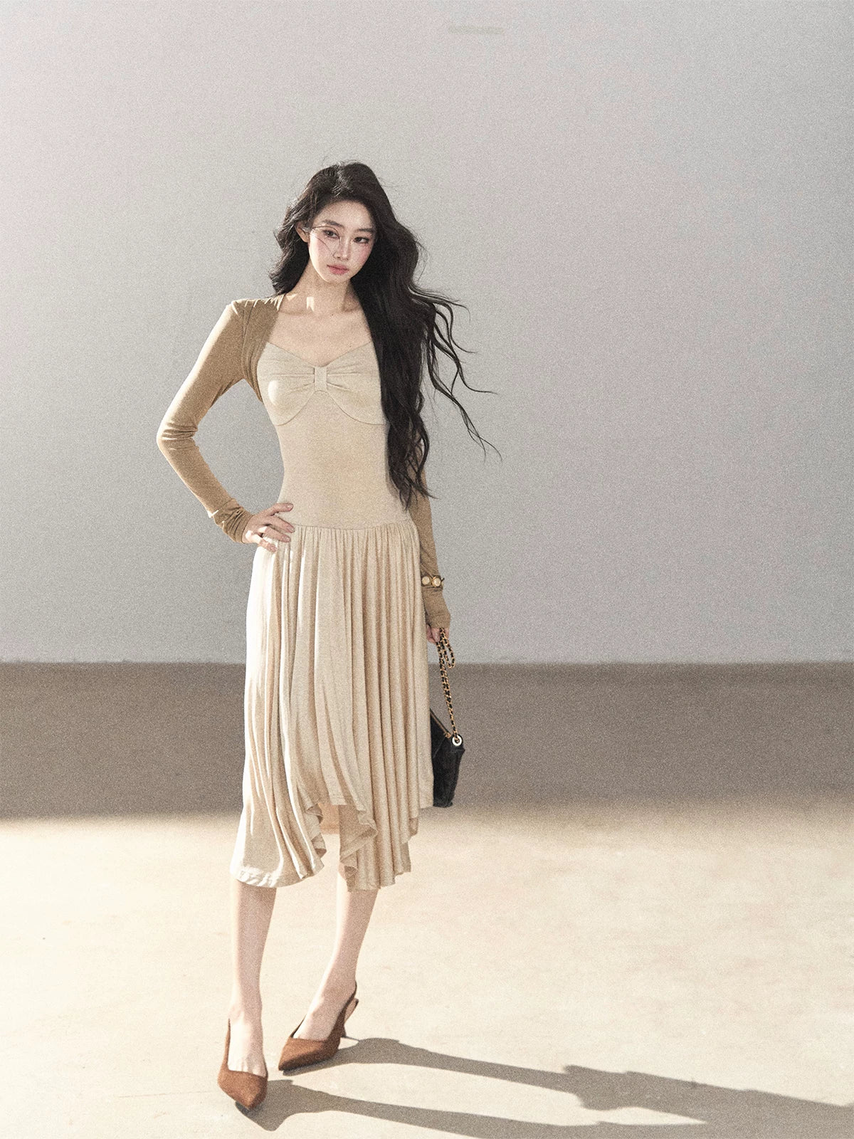 AOMALM - Light Sand Faux Two-Piece Midi Dress with Draped Shawl