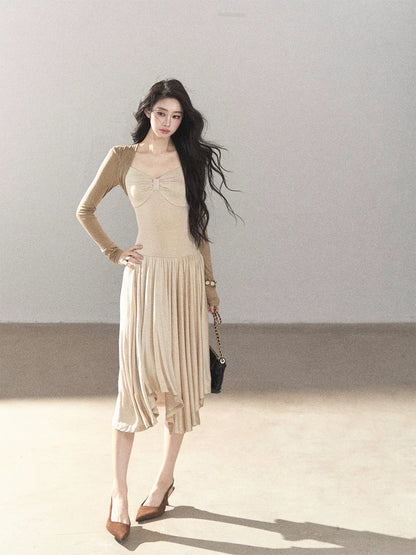 AOMALM - Light Sand Faux Two-Piece Midi Dress with Draped Shawl