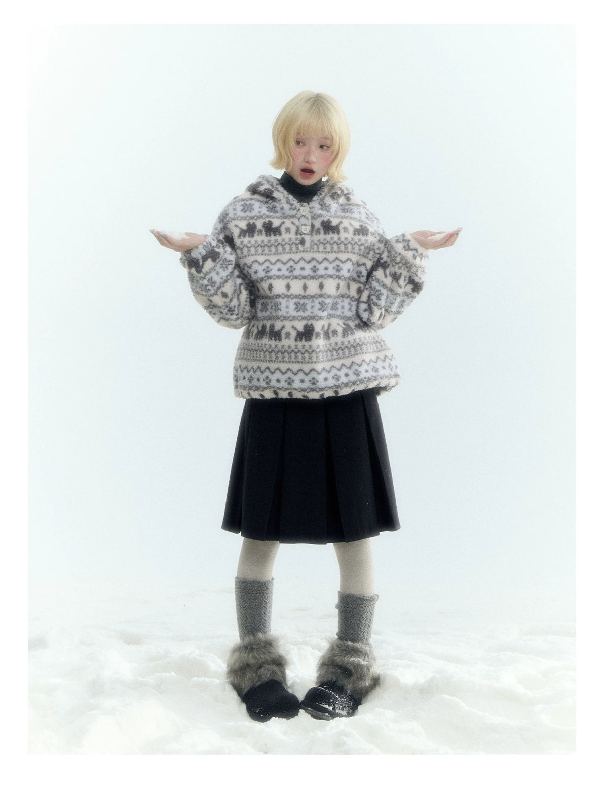Horridale - Pink Fair Isle Cat Sherpa Fleece Hoodie with Bunny Ears