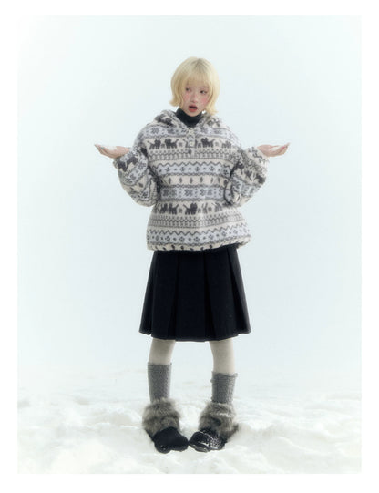 Horridale - Pink Fair Isle Cat Sherpa Fleece Hoodie with Bunny Ears