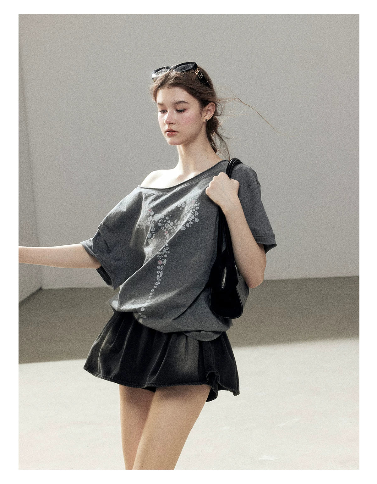 "Muted Shades of Gray" Silver Mouse Gray Off-Shoulder Tee