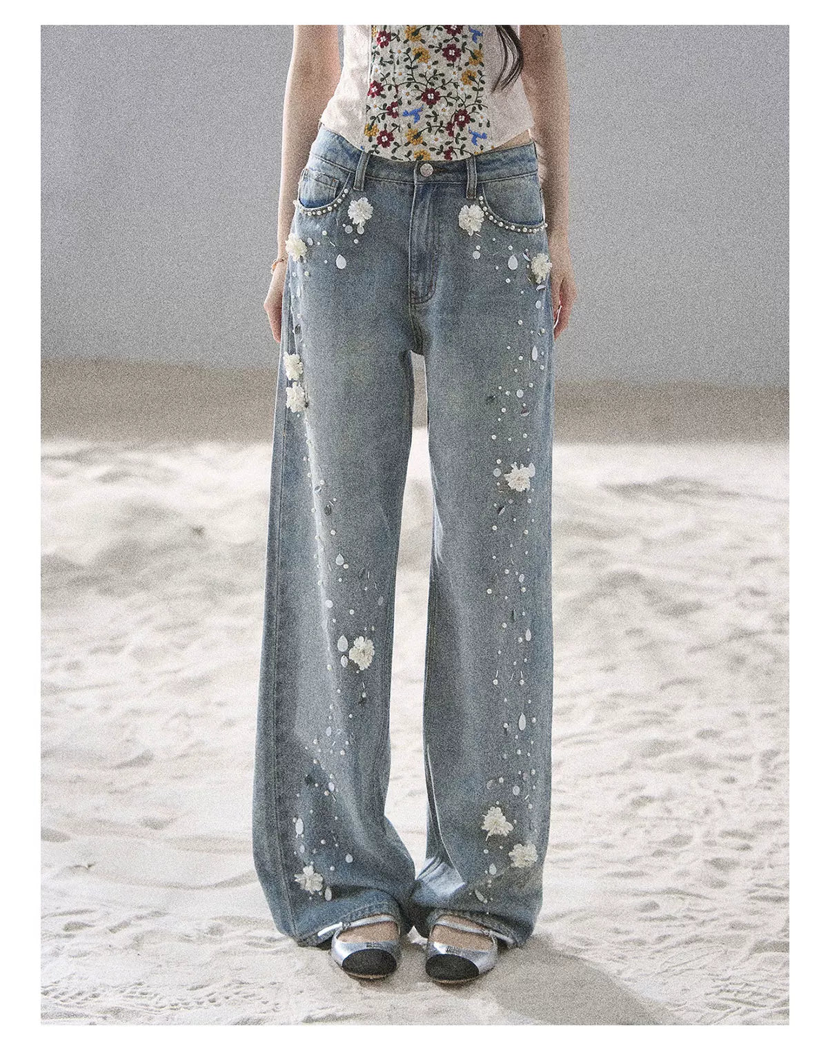 "Starlit Grace" Mist Blue Handmade Floral Wide-Leg Jeans