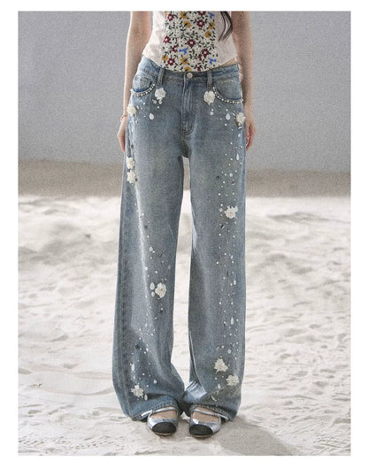 "Starlit Grace" Mist Blue Handmade Floral Wide-Leg Jeans