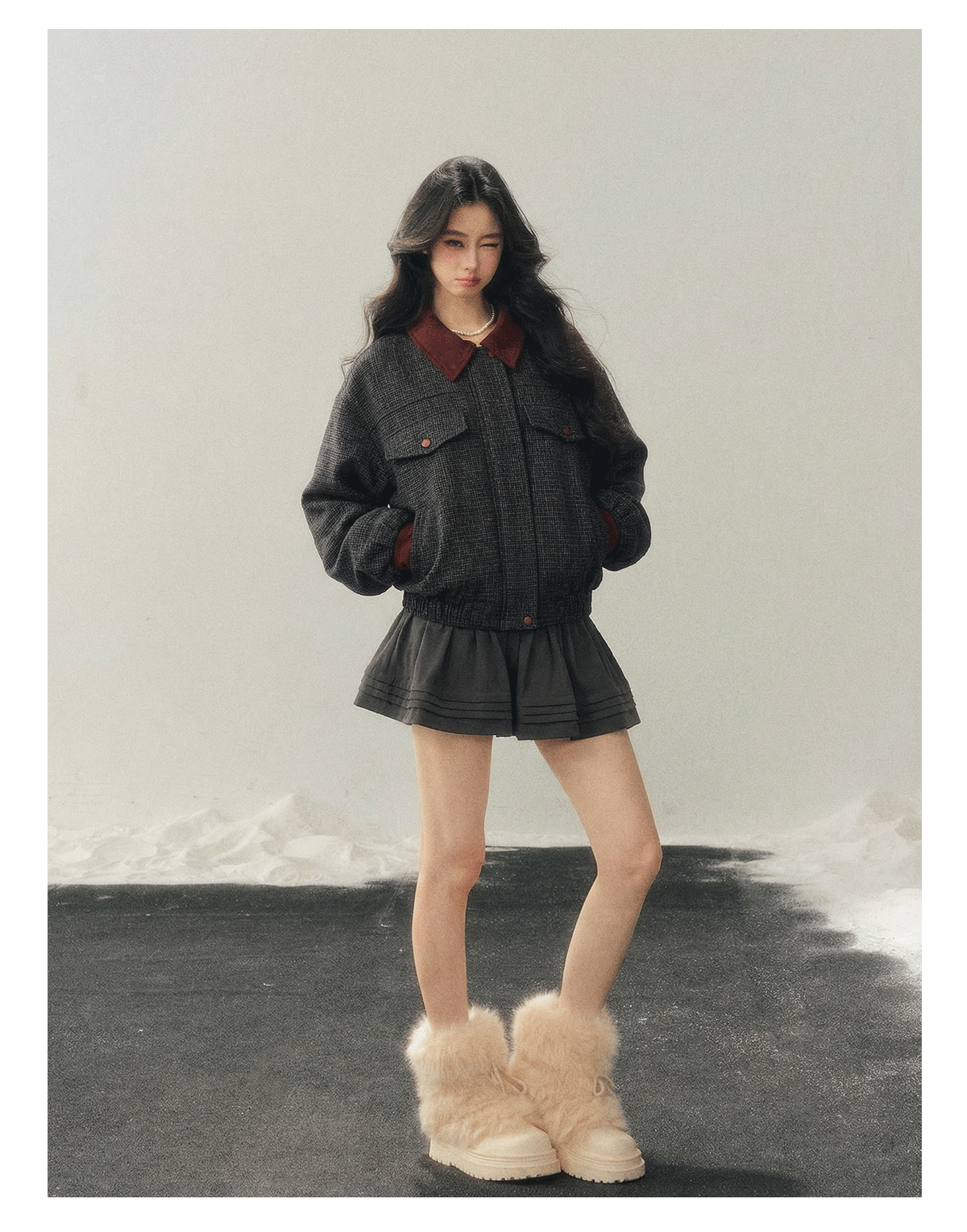 少也眼 "Falling Wutong Leaves" Hepburn Wool Tweed Two-Piece Set - Gray