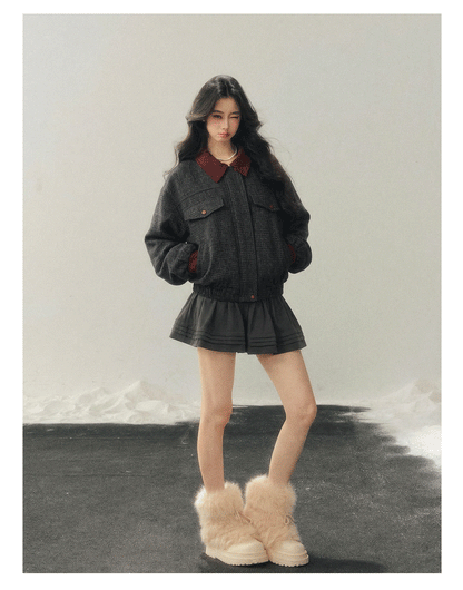 少也眼 "Falling Wutong Leaves" Hepburn Wool Tweed Two-Piece Set - Gray