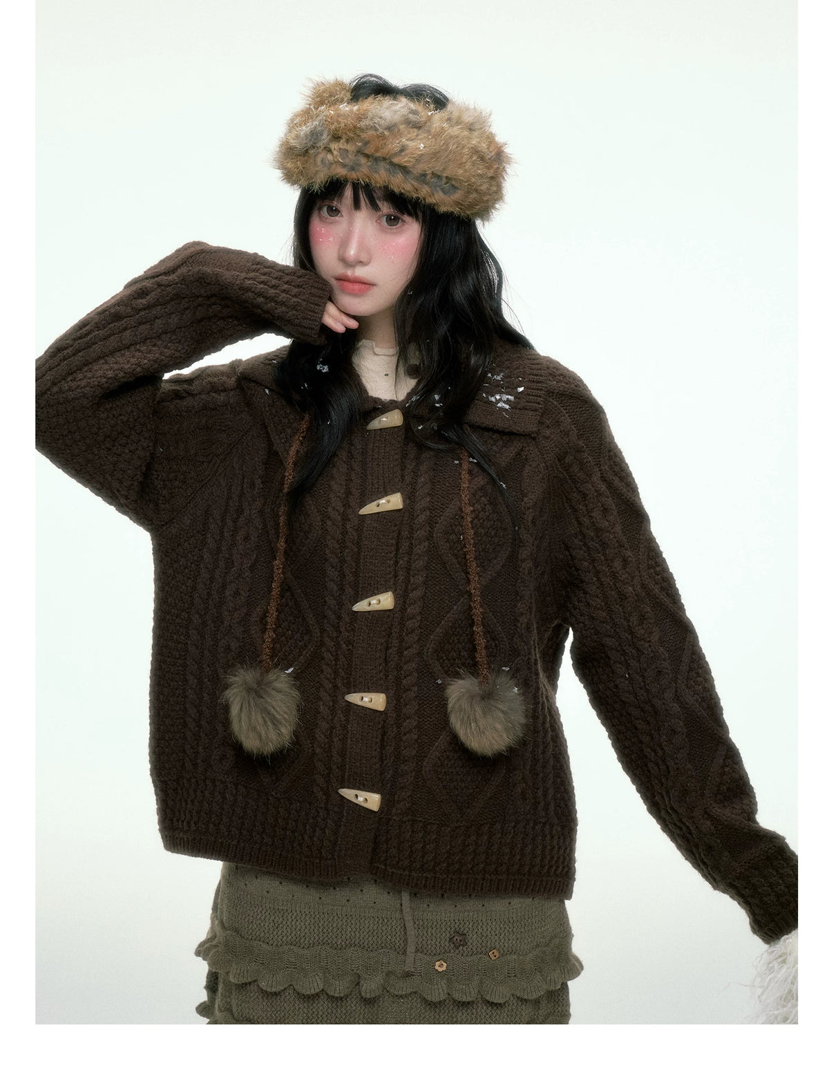 BIBIBENCY - Brown Cable-Knit Cardigan with Toggle Closures