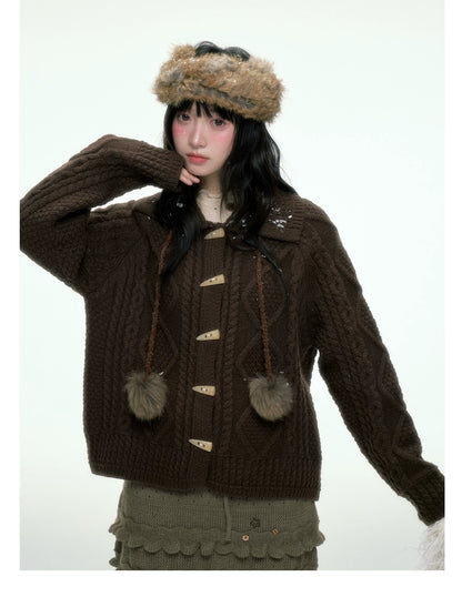 BIBIBENCY - Brown Cable-Knit Cardigan with Toggle Closures