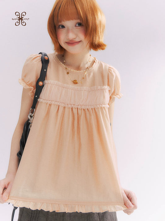 “Orange Soda” Seashell Orange Mesh Panel Puff Sleeve Top