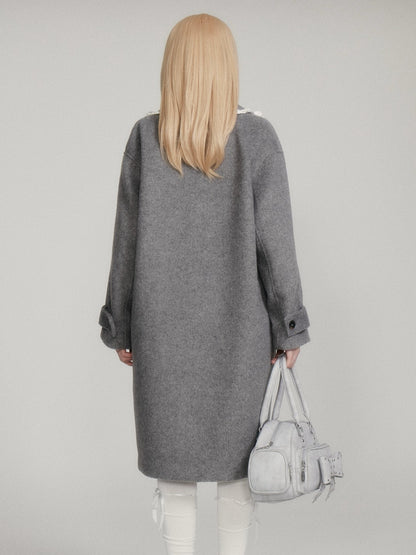 “Winter Cedar Lace Bow” Wool-Blend Loose-Shoulder Coat - Gray M6665