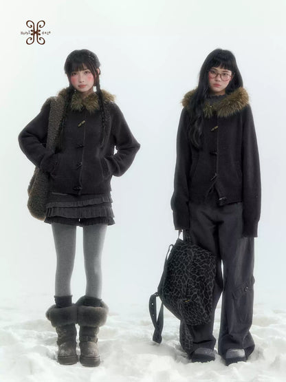 Horridale - Dark Coffee Brown Hooded Knit Cardigan with Detachable Faux Fur Collar