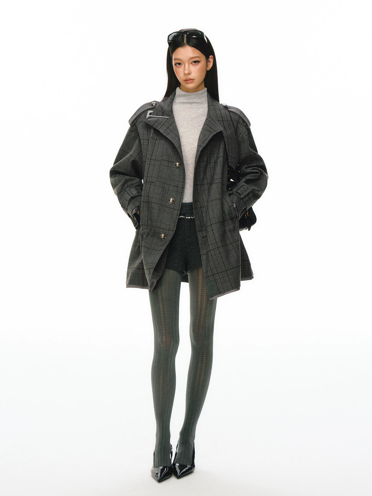 Ariseism - Dark Gray Checked Waist-Defined Mid-Length Trench Coat