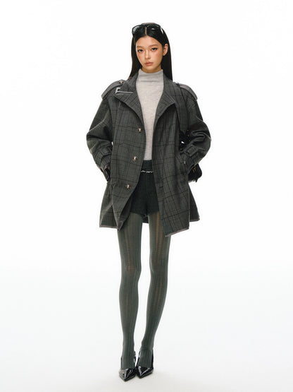 Ariseism - Dark Gray Checked Waist-Defined Mid-Length Trench Coat