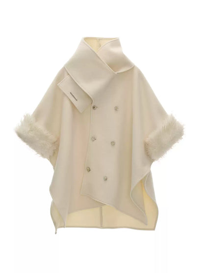 MAMC - White Scarf-Trim Faux Fur Cape Jacket WE889