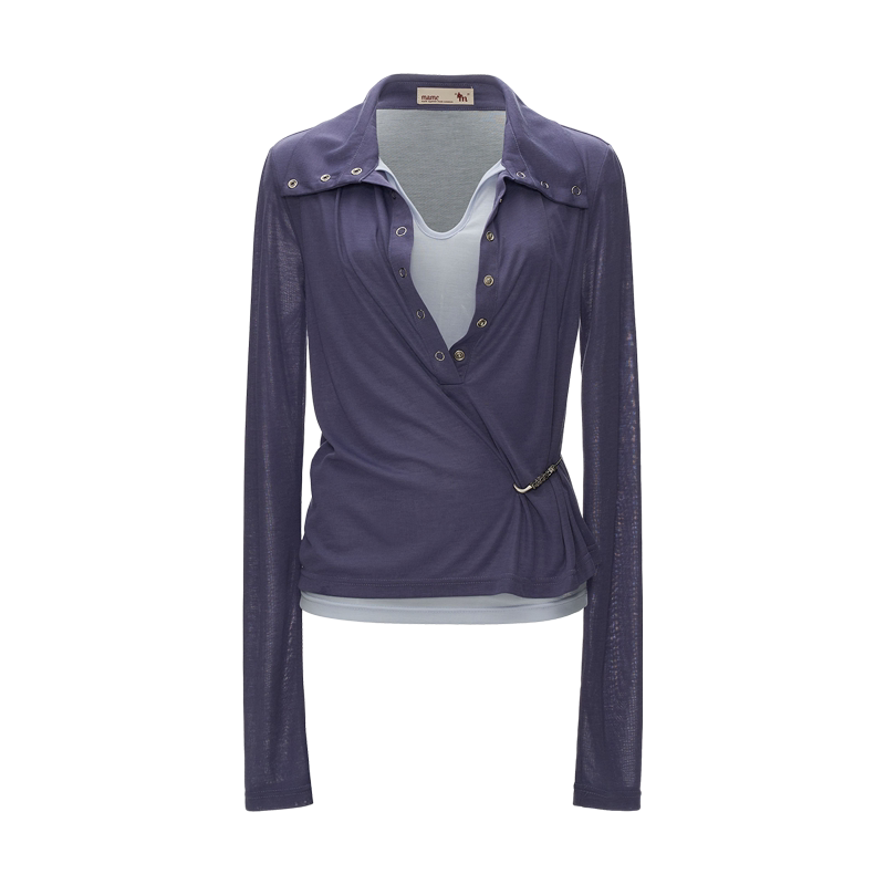 Layered Deep V Polo Long Sleeve Top (Purple/ Red/ Black)
