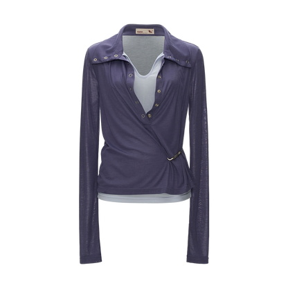 Layered Deep V Polo Long Sleeve Top (Purple/ Red/ Black)