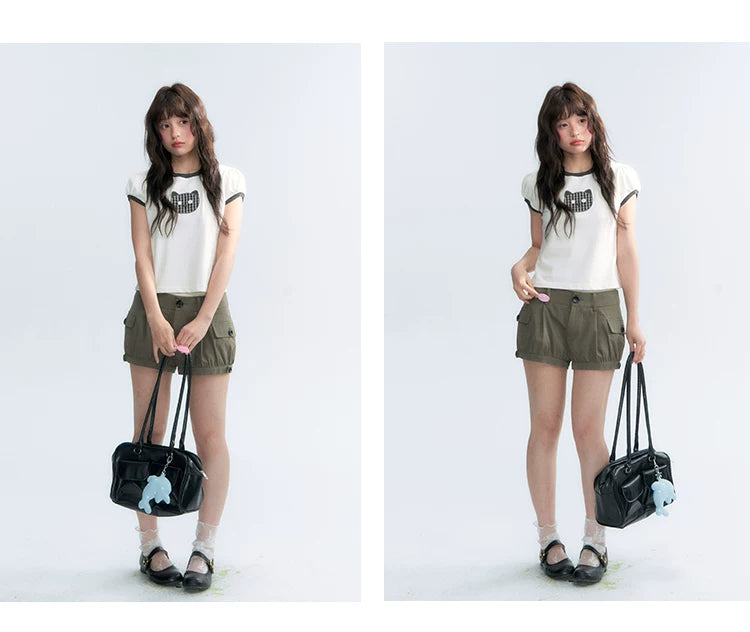 "Hide and Seek" Ivory Cat Patchwork Embroidered Puff Sleeve T-Shirt