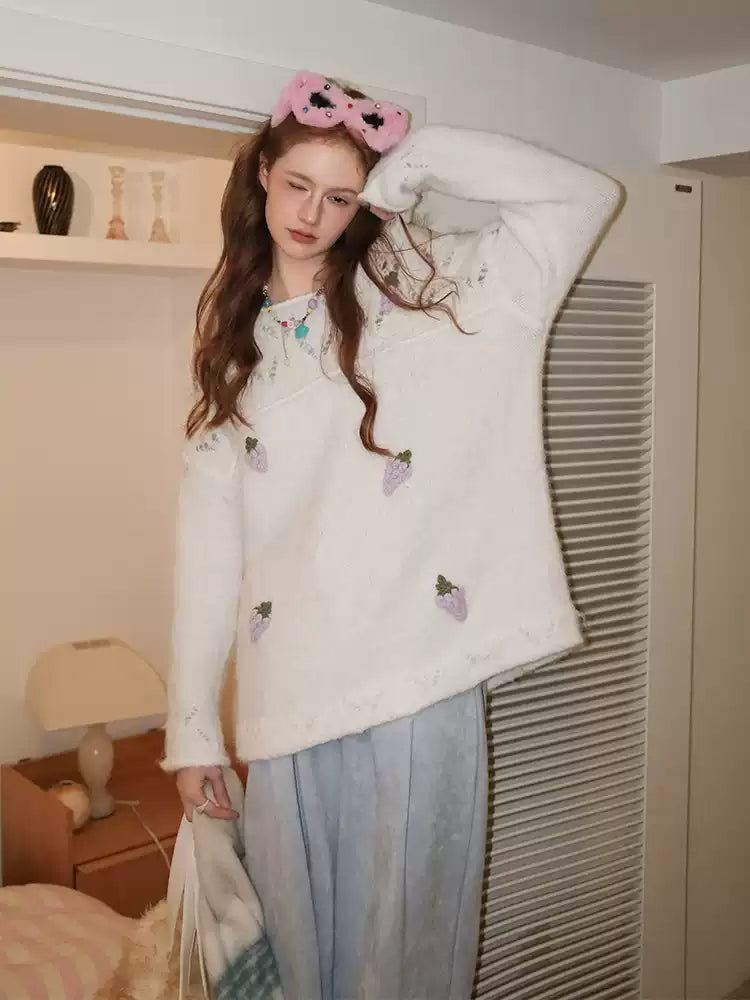 White Hand-Crocheted Grape Knit Sweater