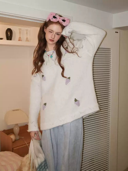 White Hand-Crocheted Grape Knit Sweater
