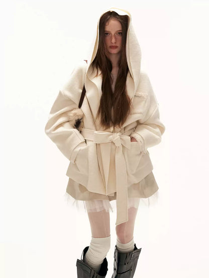 MAMC - White Double-Hood Wool Blend Tie Coat WE896