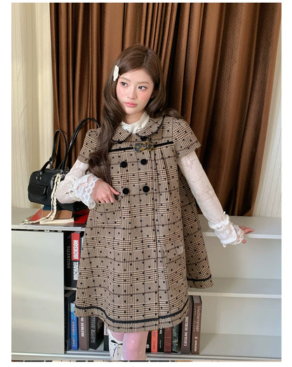 “Hazel Rococo Reverie” Khaki Plaid Polka Dot Dress