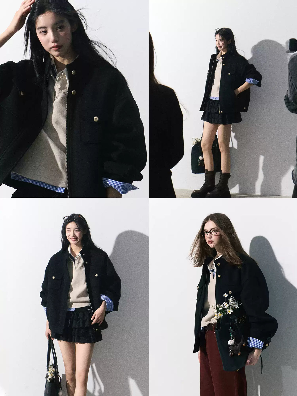 OAKMOO/ "Plum Blossom Mood" Classic Black Wool-Blend Harrington Jacket