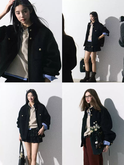 OAKMOO/ "Plum Blossom Mood" Classic Black Wool-Blend Harrington Jacket