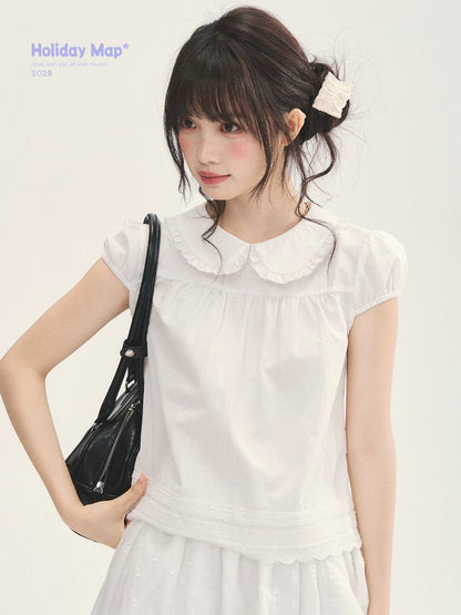 "Cotton Cloud" White Ruffle Collar Puff Sleeve Babydoll Top