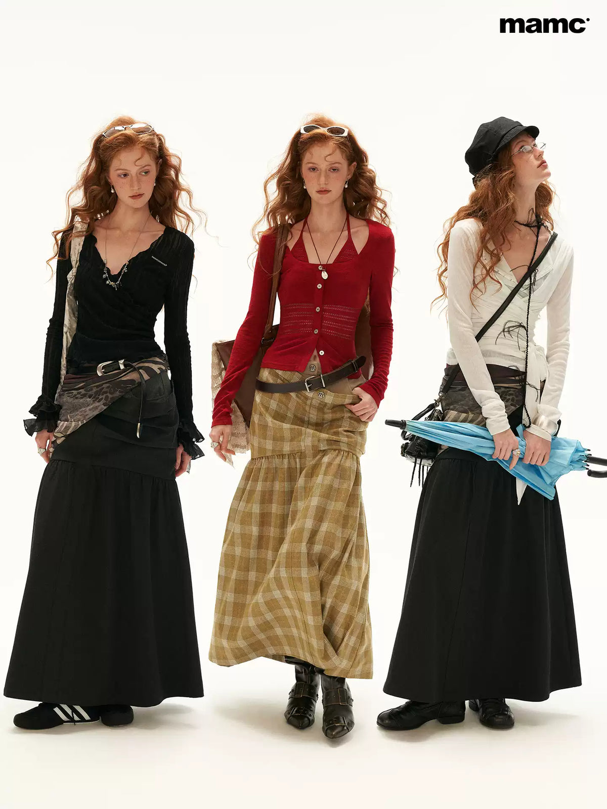 MAMC - Vintage Plaid A-Line Skirt with Layered Waist Detail (Black / Yellow)