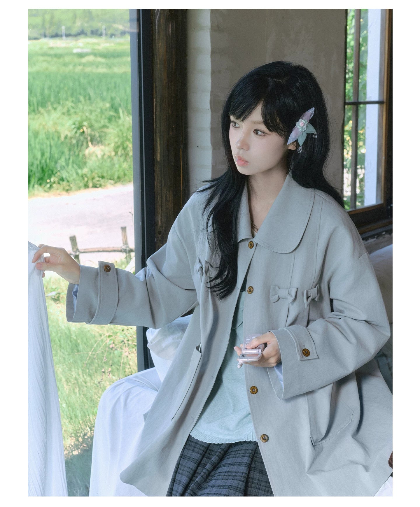 "Sage Whisper" Layered Trench Collection (Round Collar Coat / Knit Top / Polka Dot Cami / Plaid Skirt)