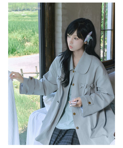 "Sage Whisper" Layered Trench Collection (Round Collar Coat / Knit Top / Polka Dot Cami / Plaid Skirt)